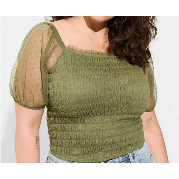Torrid Top Green Dot Mesh Square Neck Smocked Crop - Picture 1 of 10